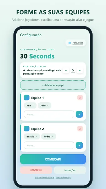 30 Seconds – configurar as equipes