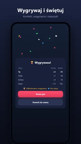 Kierki – ekran zwycięstwa z wynikami
